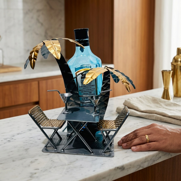 Metal Palm Tree Bottle Holder with Table &amp; Chairs | Bar Décor