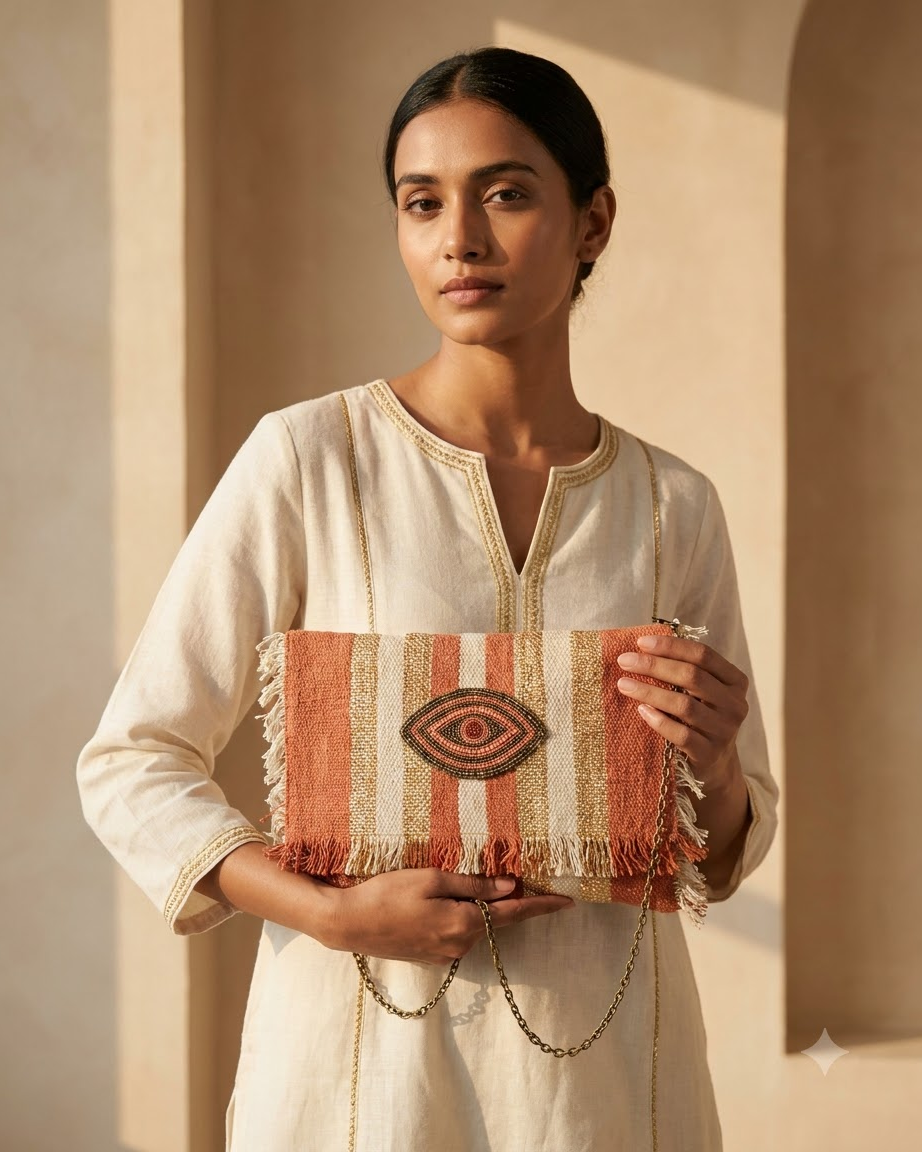 Terracotta &amp; Beige Striped Clutch Bag