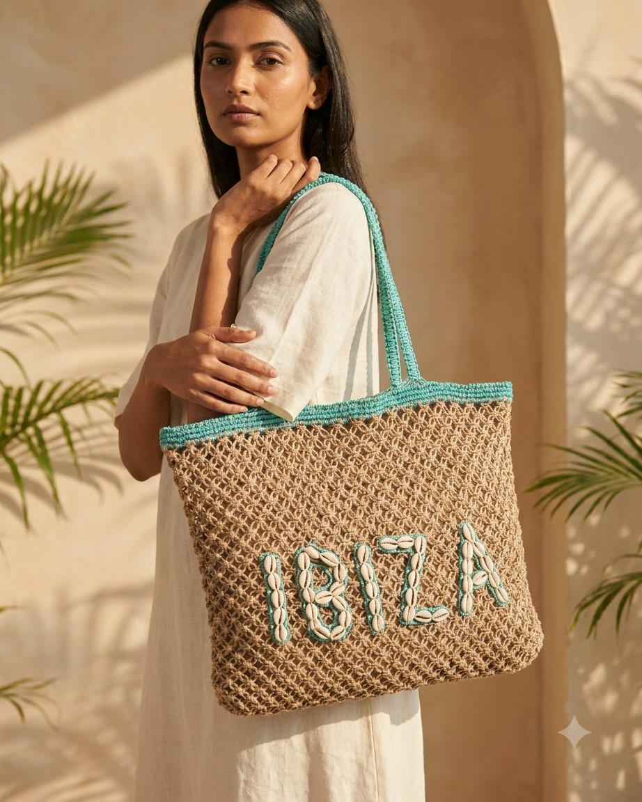 Beige &amp; Turquoise Ibiza Tote Bag