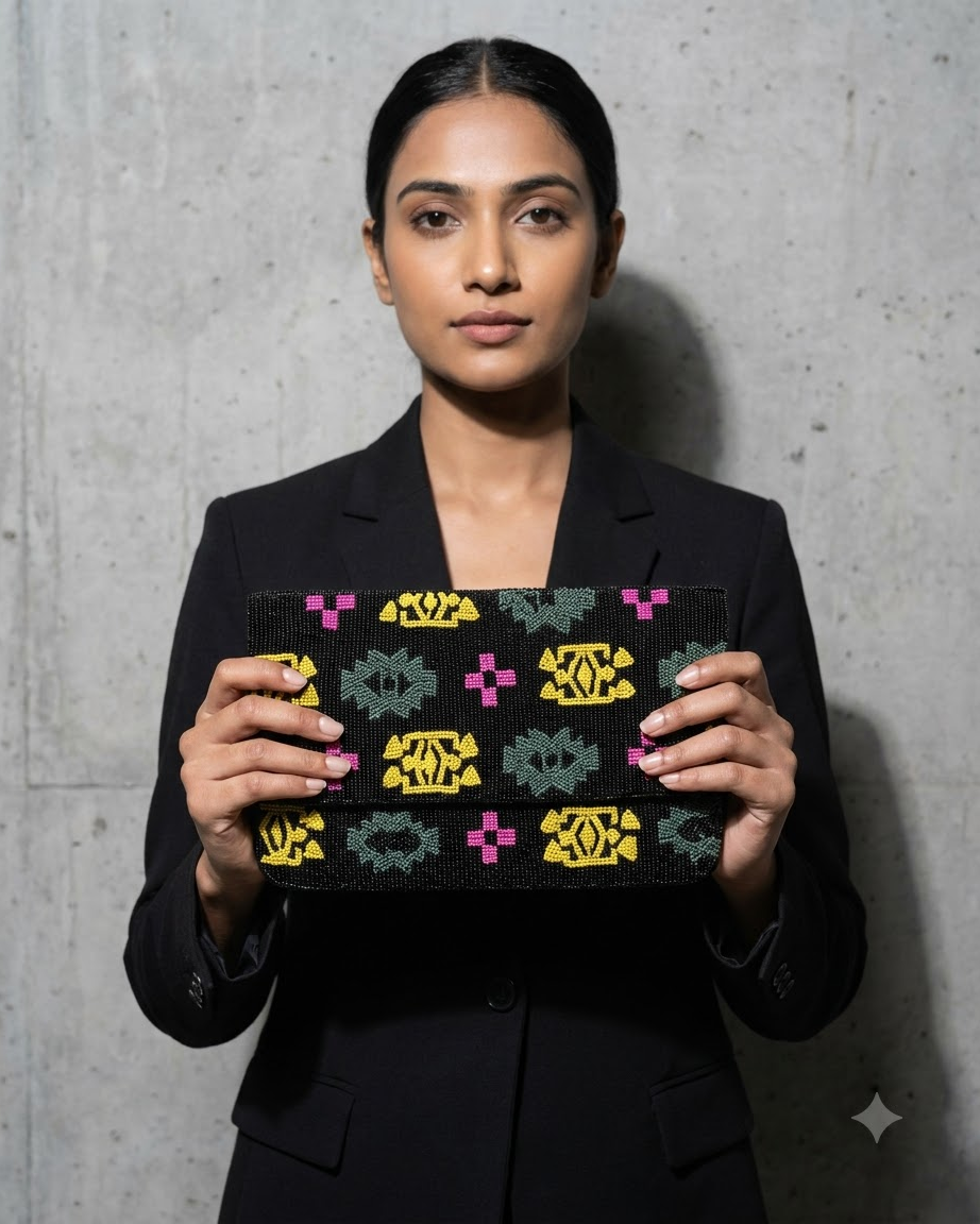 Beaded Clutch Bag with Multicolour Geometric Pattern