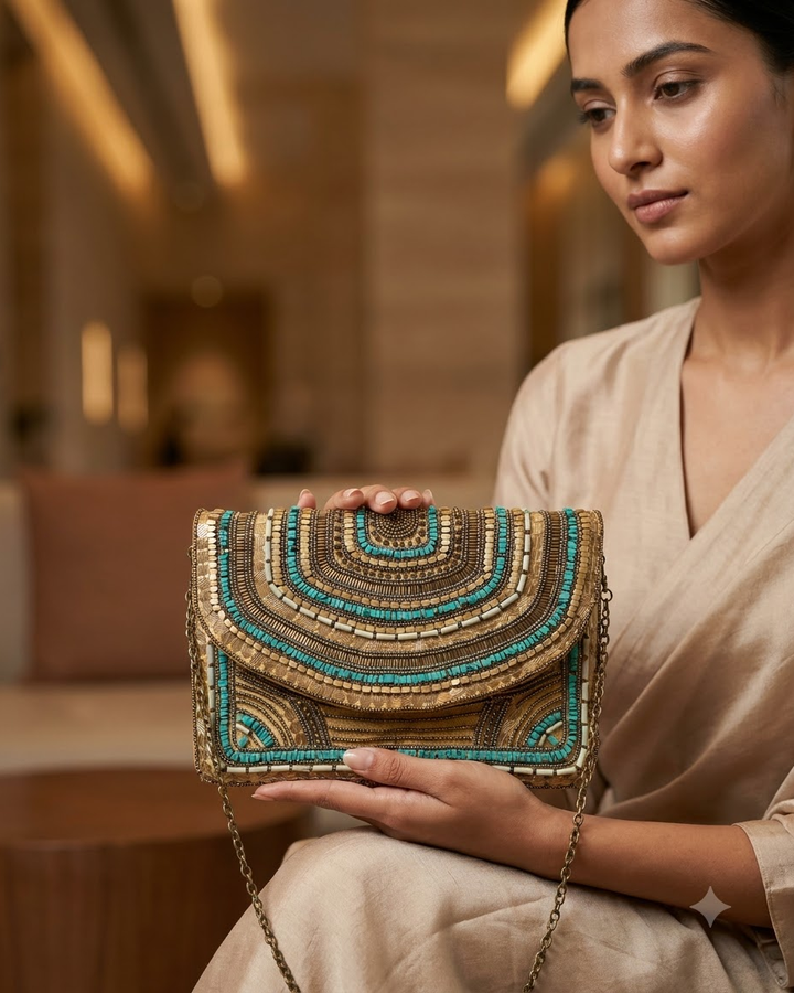 Gold &amp; Turquoise Beaded Clutch Bag with Chain Strap