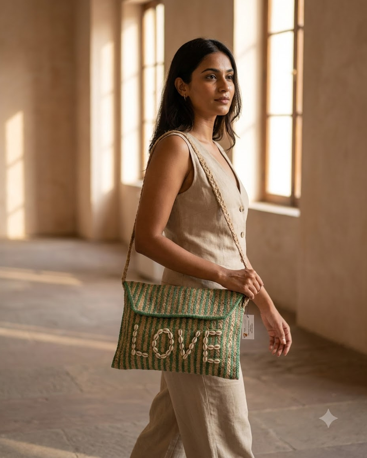 Green &amp; Beige Striped Sling Bag