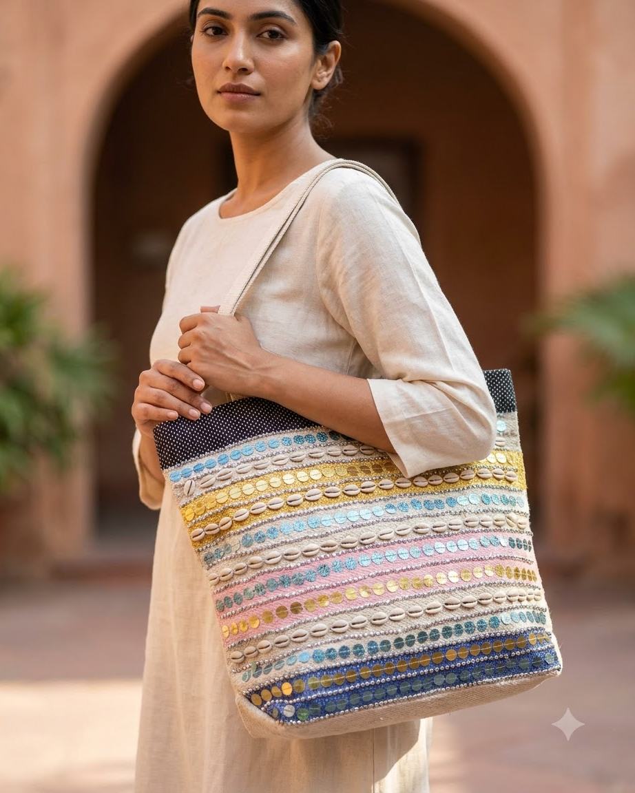 Tote Bag with Cowrie Shell Detailing