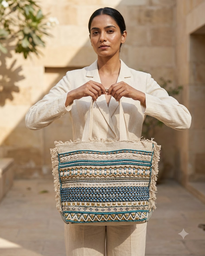 Blue &amp; Beige Embellished Tote Bag