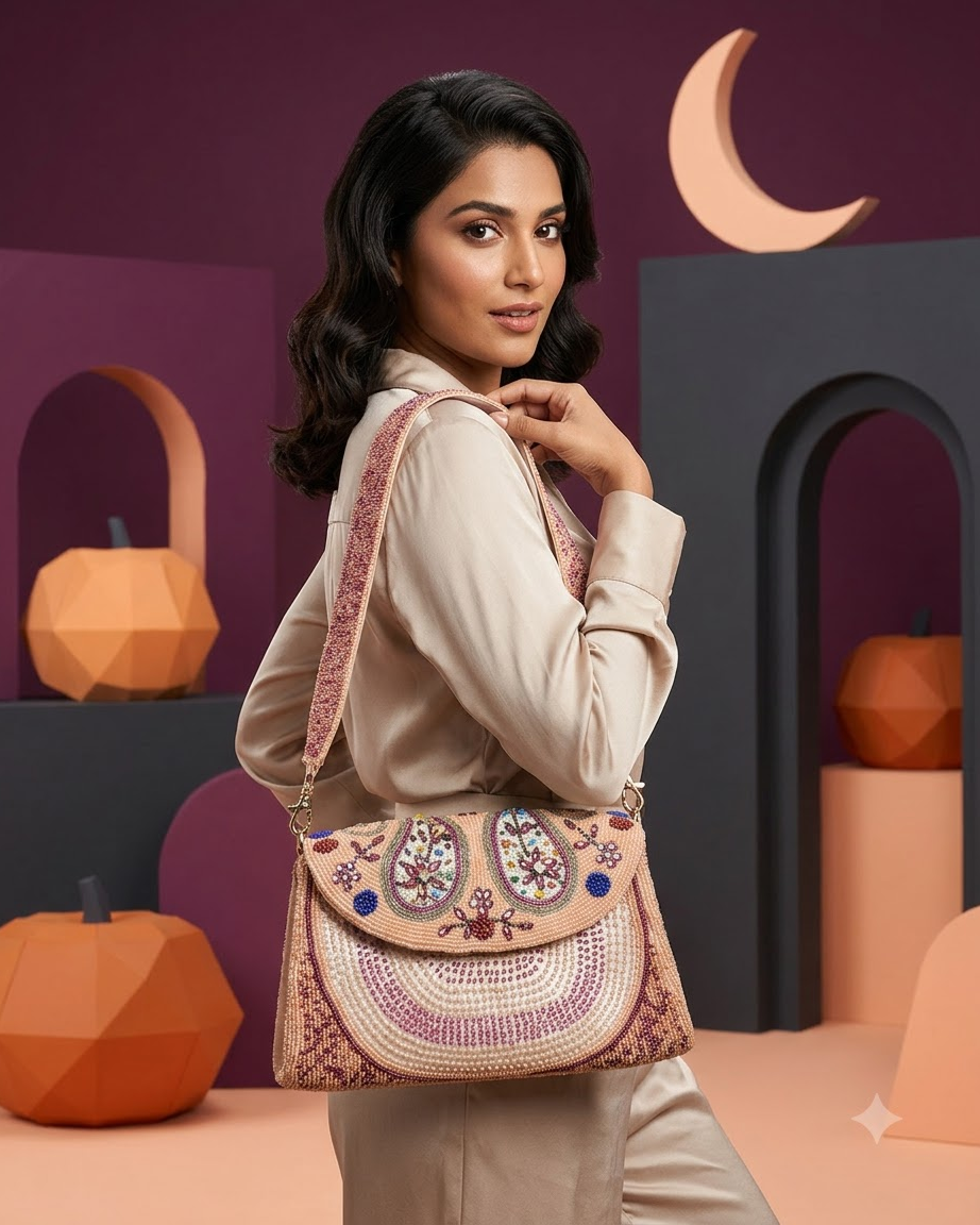 Peach Beaded Floral Shoulder Bag