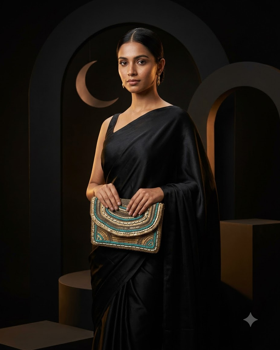 Gold &amp; Turquoise Beaded Clutch Bag with Chain Strap