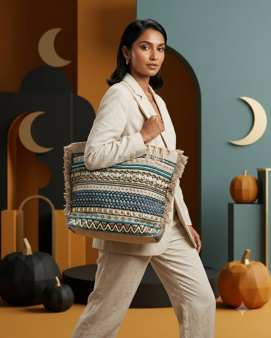 Blue &amp; Beige Embellished Tote Bag