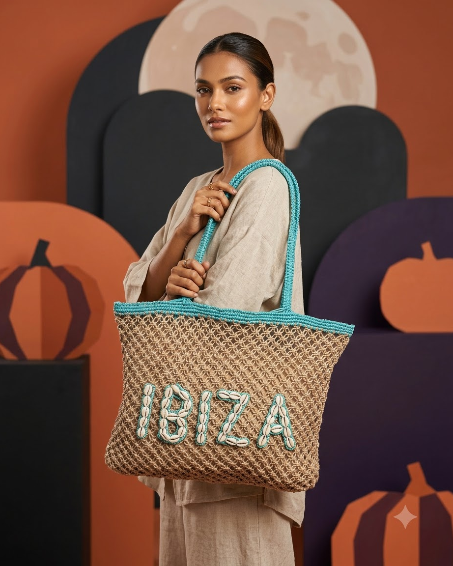 Beige &amp; Turquoise Ibiza Tote Bag