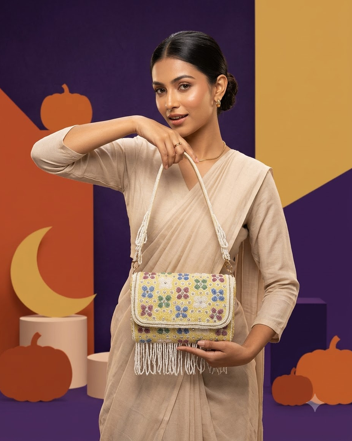 Yellow Beaded Floral Sling Bag with Pearl Fringe
