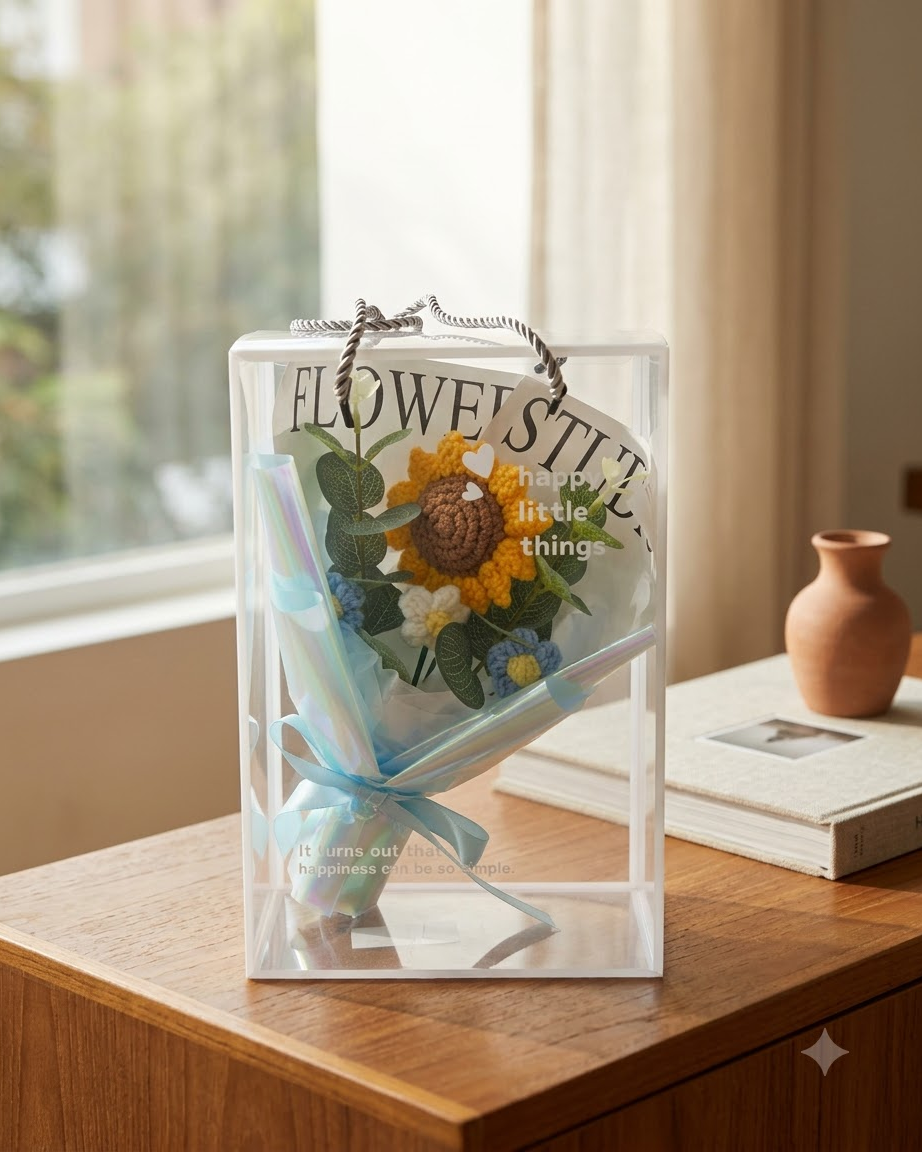 Blue Crochet Sunflower Bouquet Gift Box