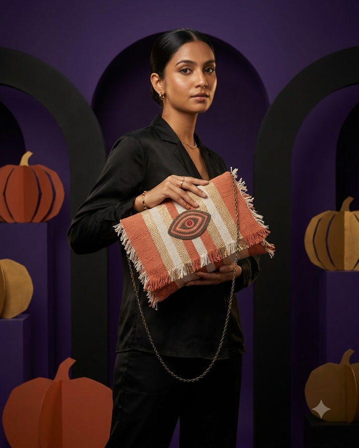 Terracotta &amp; Beige Striped Clutch Bag