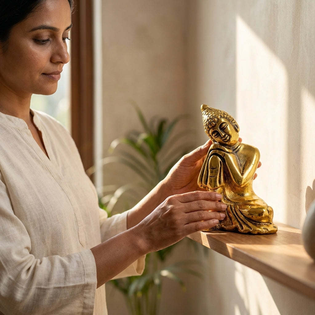 Decorative resting Golden Resting Buddha Showpiece with antique golden finish