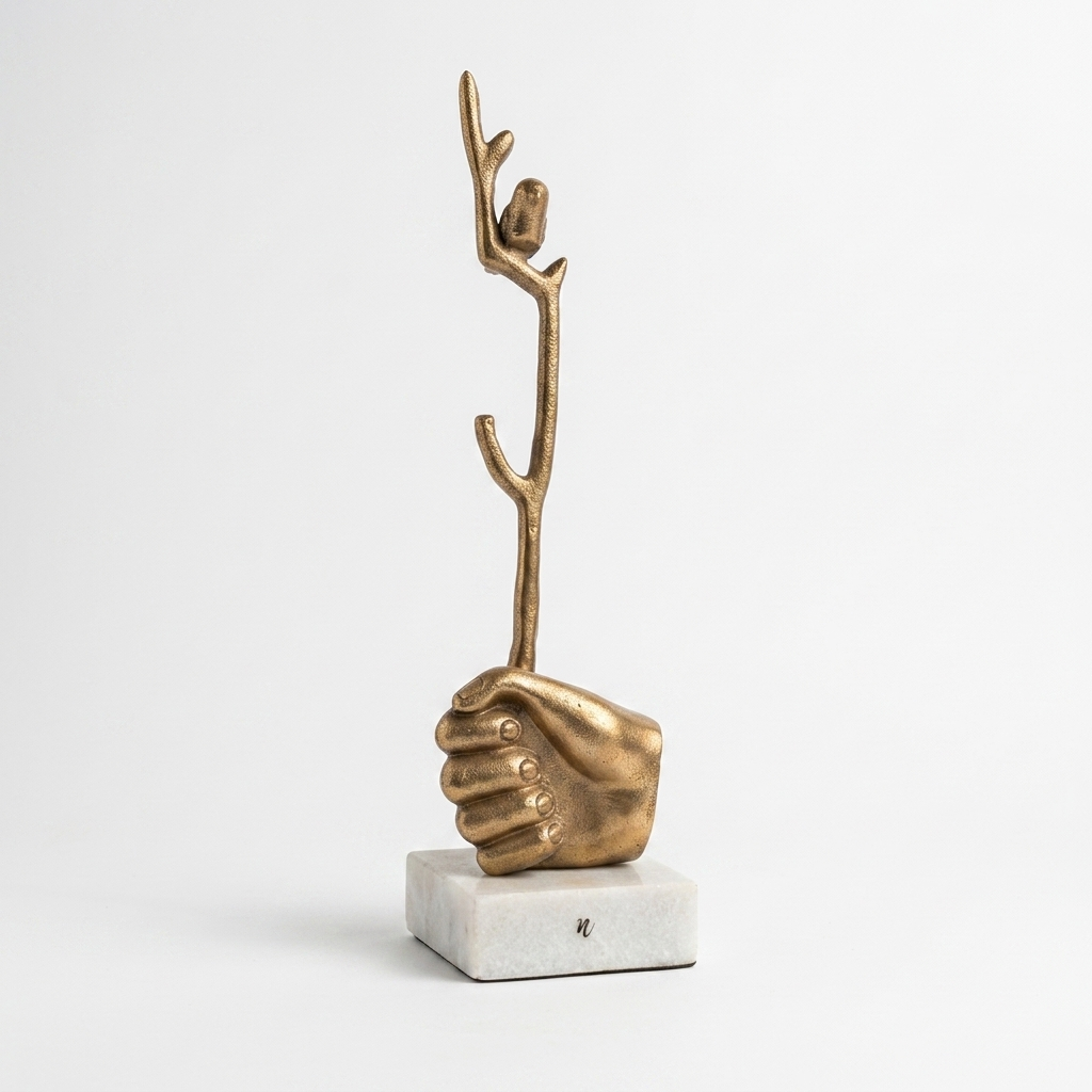 Brass Hand Sculpture with Bird