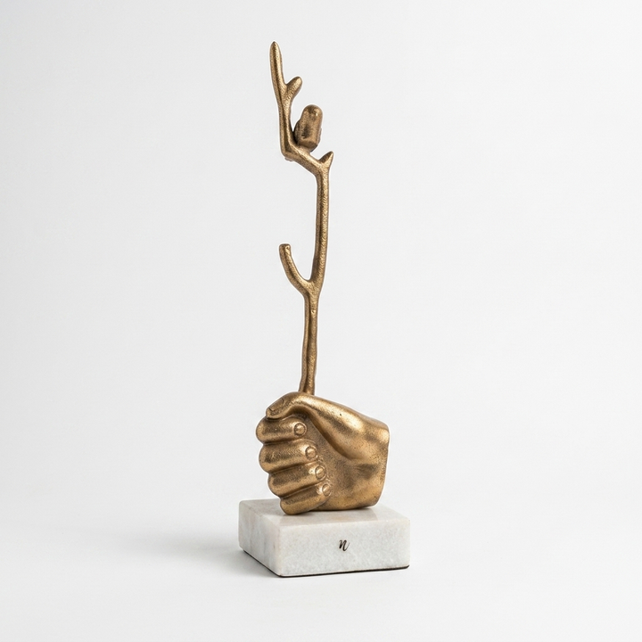 Brass Hand Sculpture with Bird