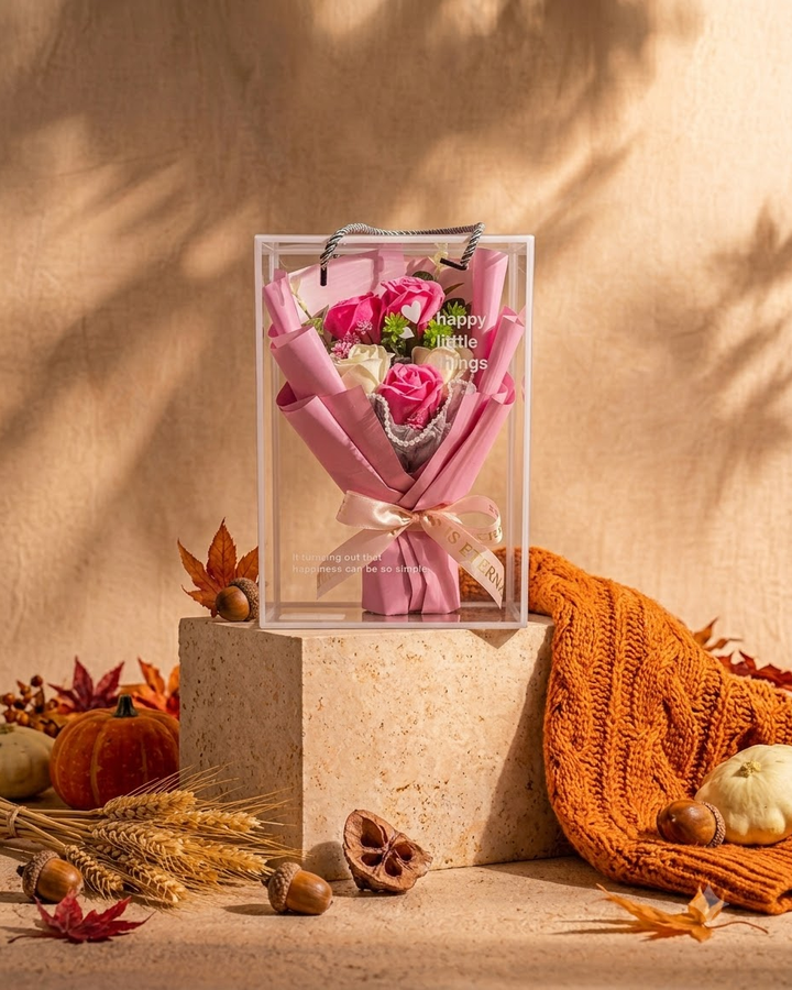Pink Rose Bouquet in Clear Gift Box