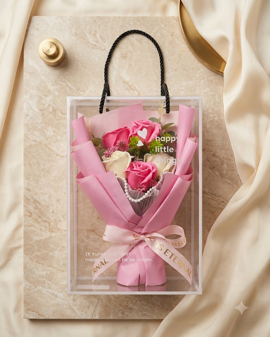 Pink Rose Bouquet in Clear Gift Box