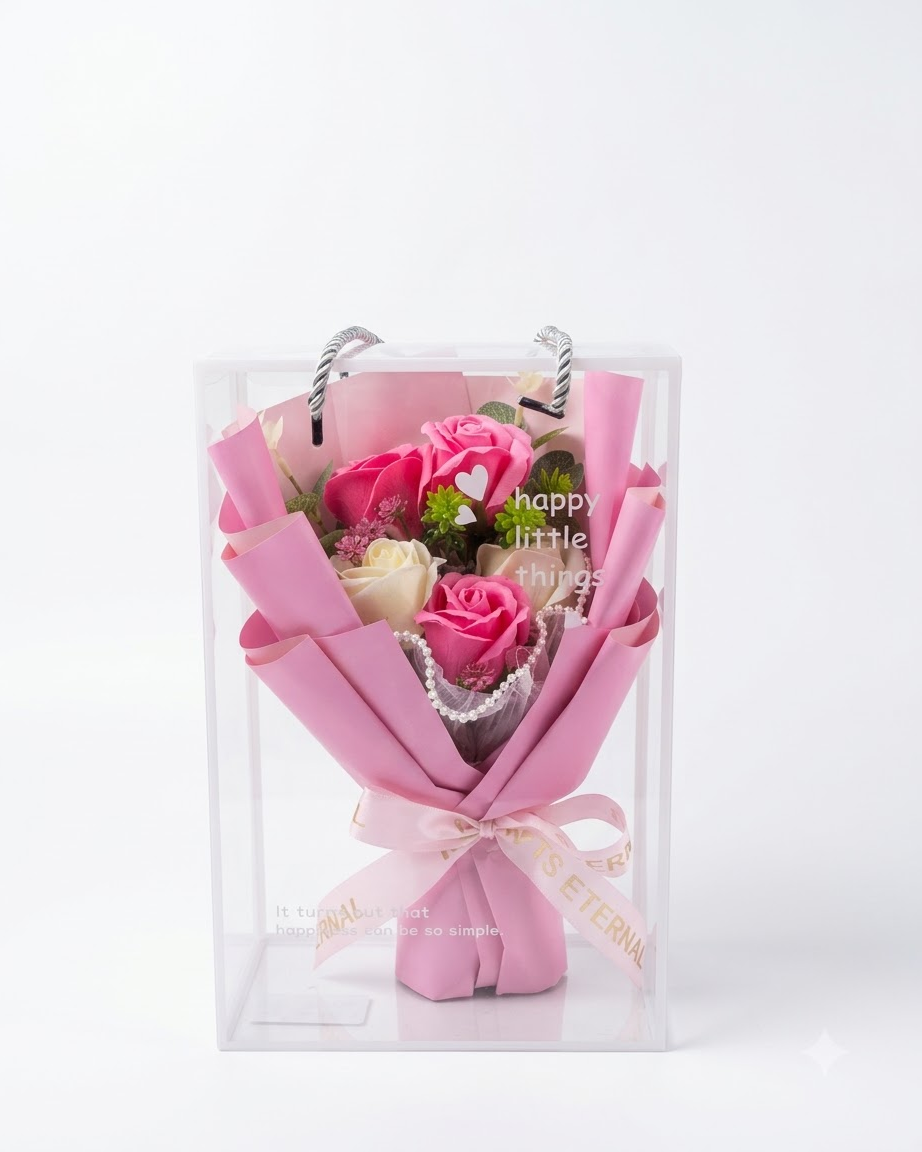 Pink Rose Bouquet in Clear Gift Box