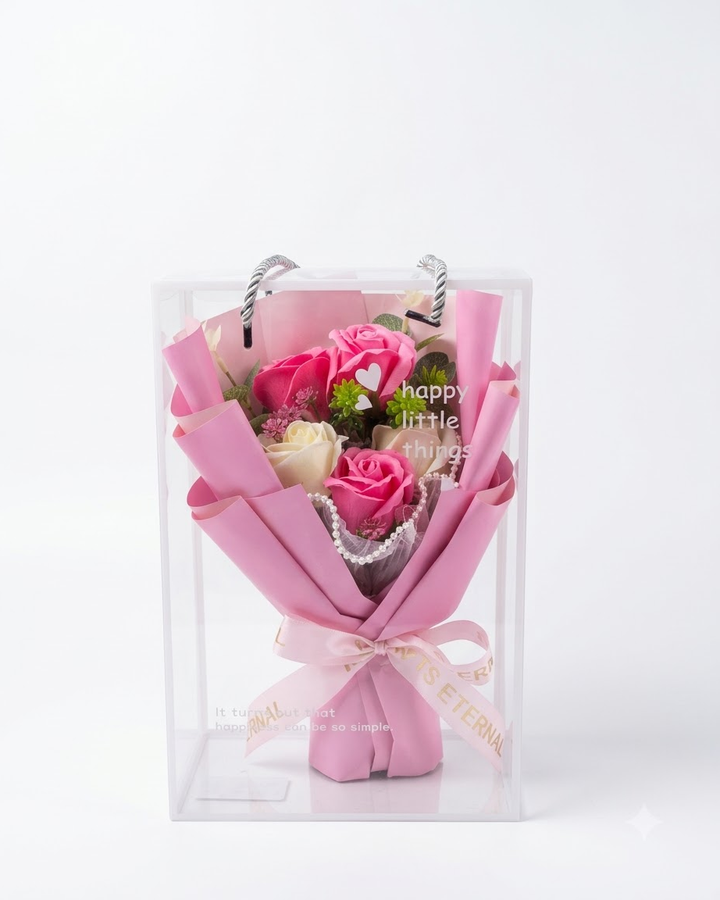 Pink Rose Bouquet in Clear Gift Box