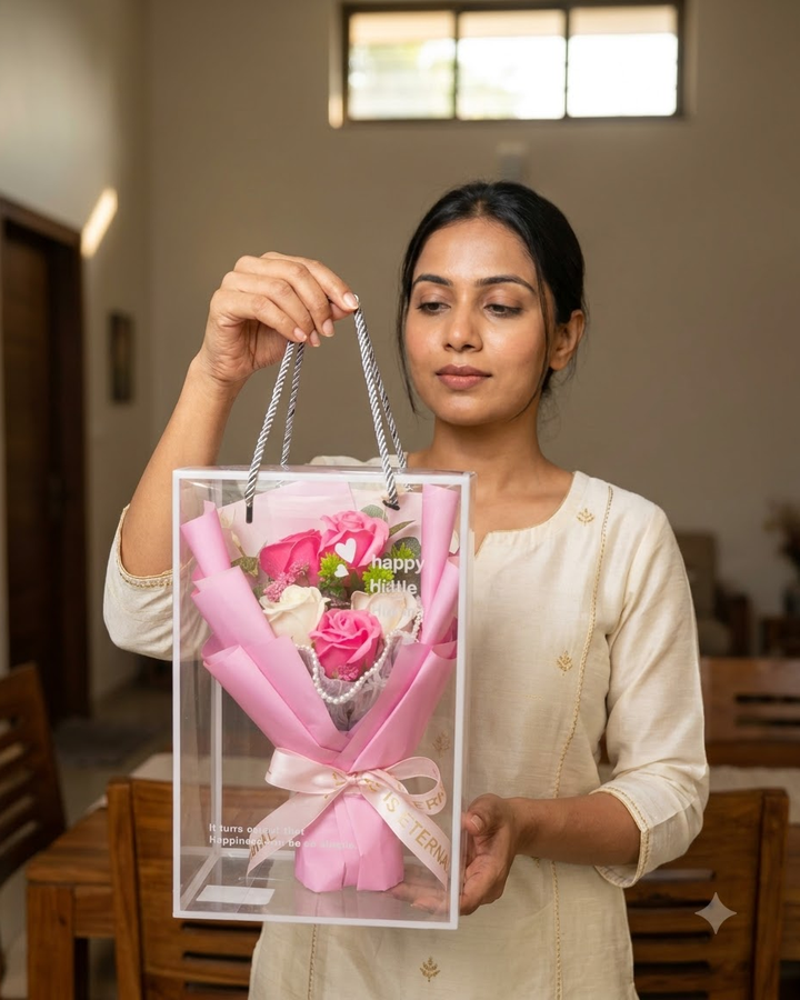 Pink Rose Bouquet in Clear Gift Box