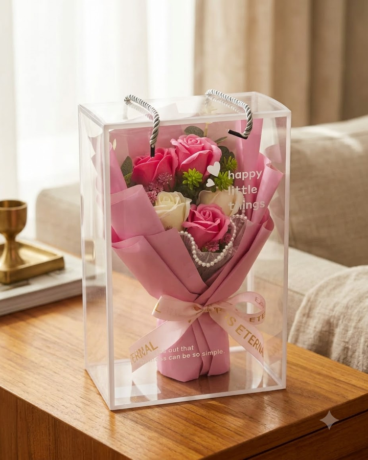 Pink Rose Bouquet in Clear Gift Box