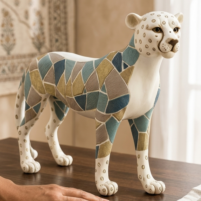 Premium ceramic leopard sculpture with geometric hand-painted design