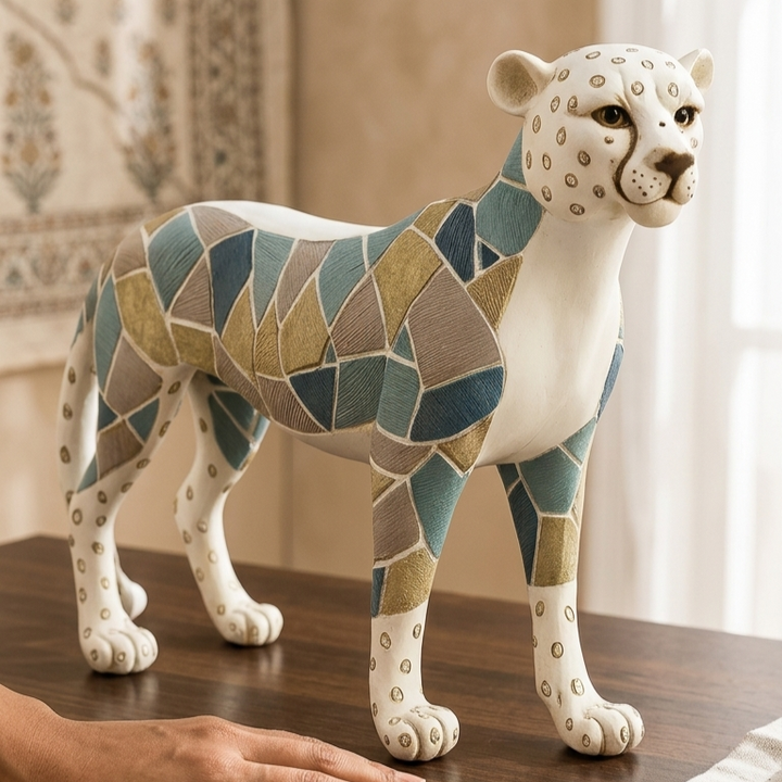 Premium ceramic leopard sculpture with geometric hand-painted design