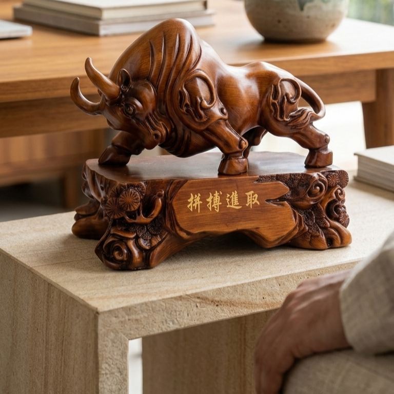Premium wooden charging bull statue for office desk decoration