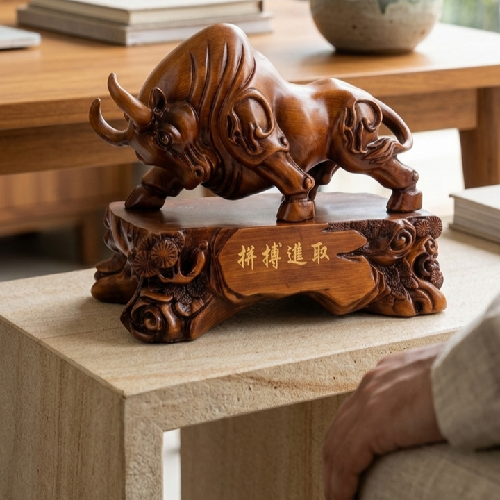 Premium wooden charging bull statue for office desk decoration
