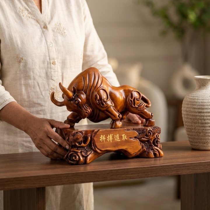 Handcrafted wooden bull showpiece for premium home decor